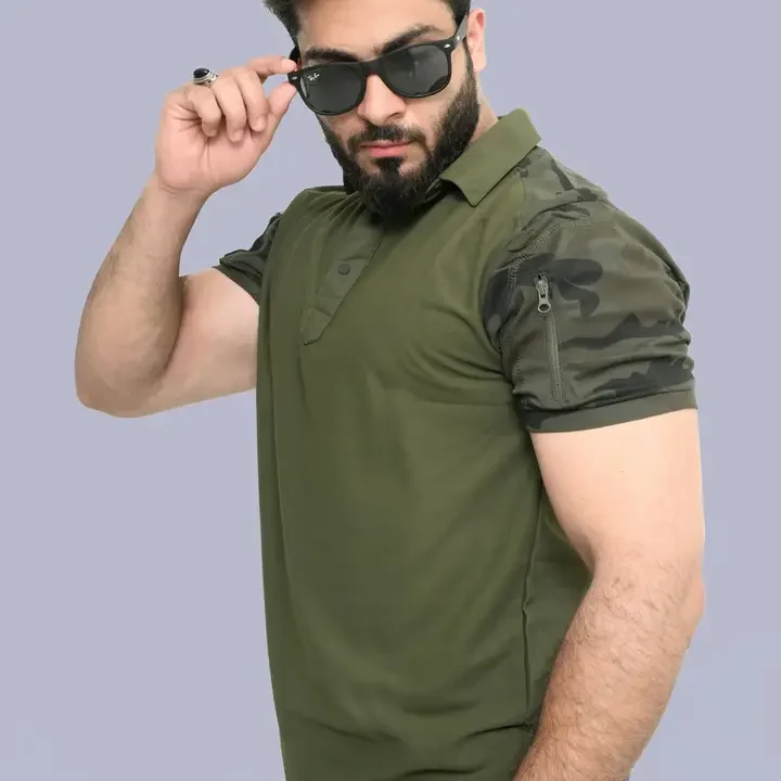 Para Trooper Men Camouflage Colourblocked Polo Collar Pockets T-shirt, Green