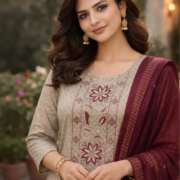 MI Textile Ethnic Motifs Embroidered Thread Work Straight Kurta with Trousers & Dupatta, Beige