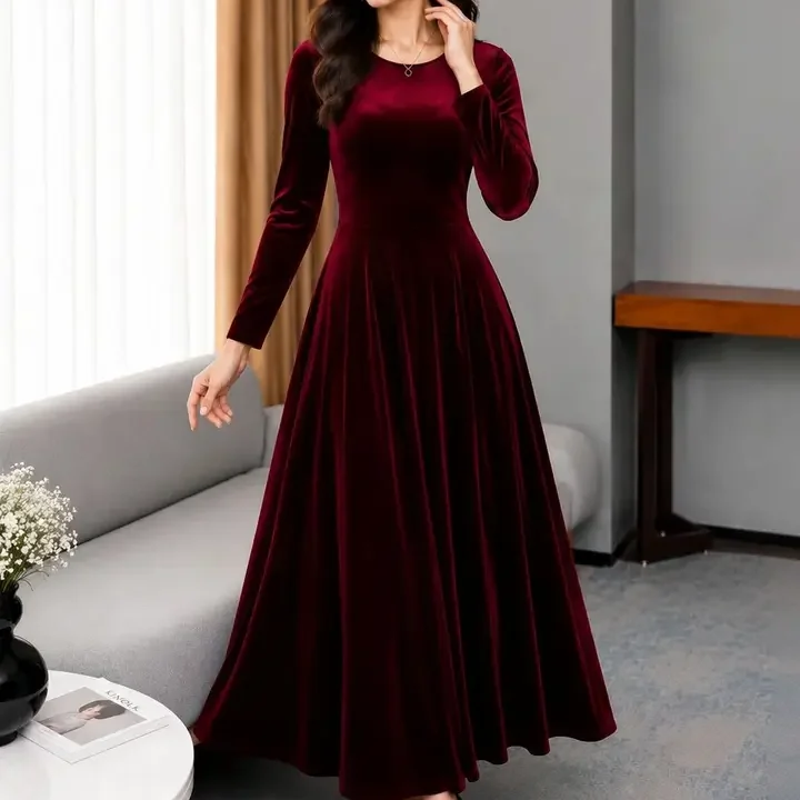 DIVU FASHION Velvet A-Line Maxi Dress, Maroon