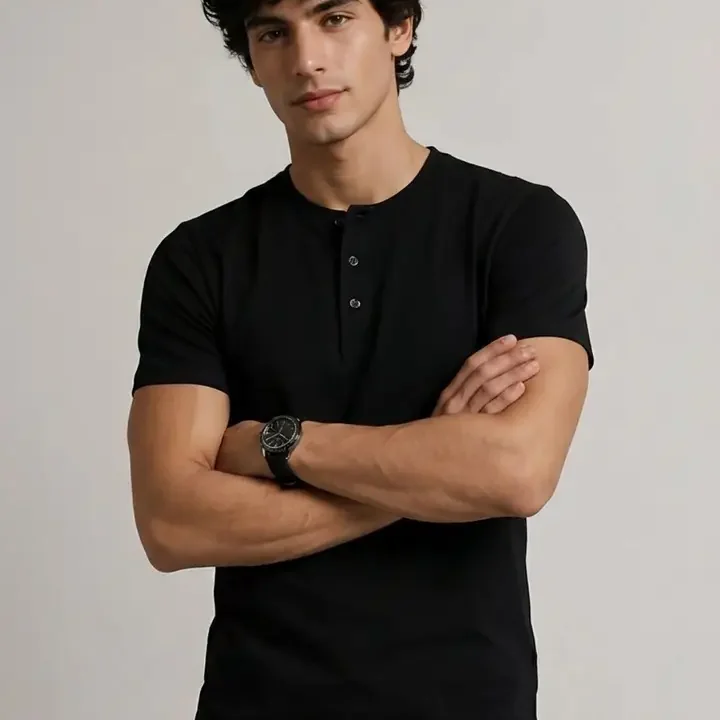 ALONE EAGLE Men Henley Neck Slim Fit T-shirt, Black