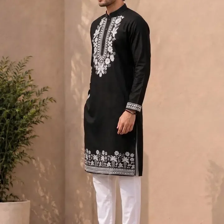 Divra Clothing Men Black Floral Printed Kurta, Black
