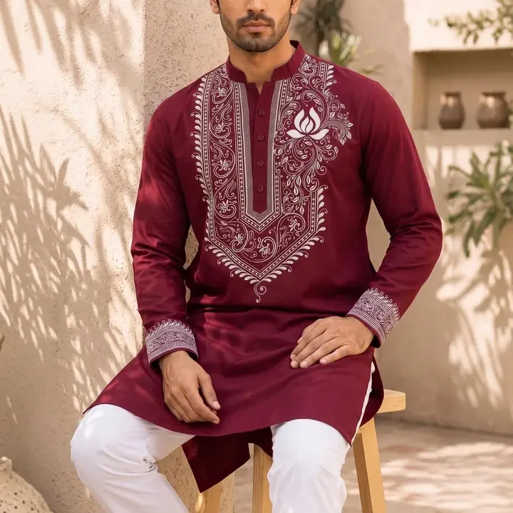 Divra Clothing Men Maroon Floral Motif DTF Printed Kurta, Maroon