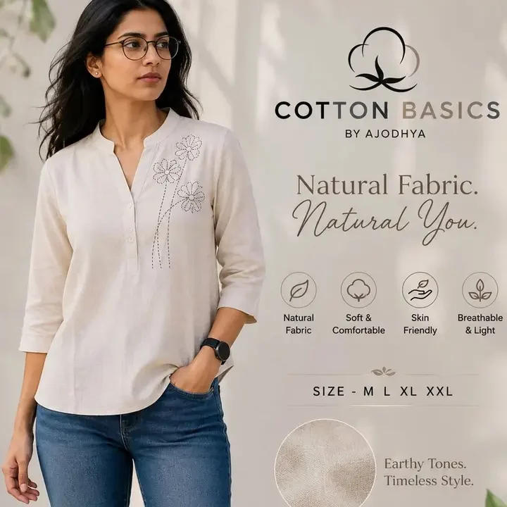 COTTON BASICS BY AJODHYA Floral Embroidered Linen Top, White