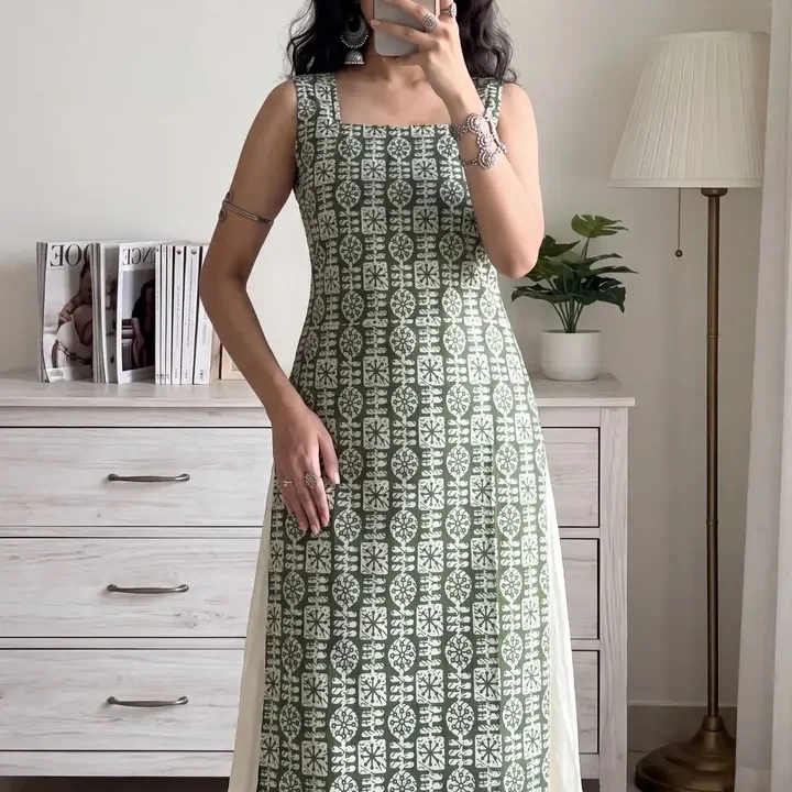 VROEGER Women Geometric Printed Kurta, Olive