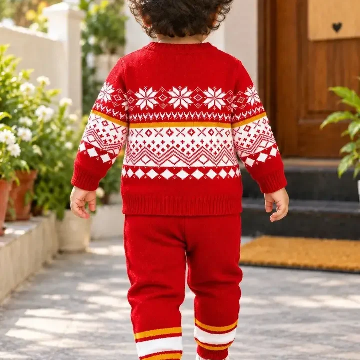 Vaidahee Unisex Kids Fair Isle Printed Woollen Pullover, Red