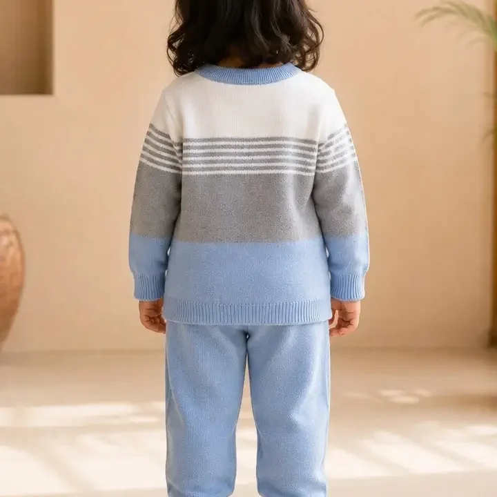 Evelly Unisex Kids Striped Woollen Pullover & Jogger Set, Grey