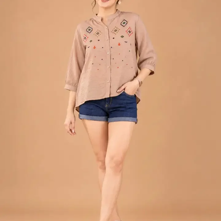 MUKTI Embroidered Mandarin Collar Ethnic Top, Grey