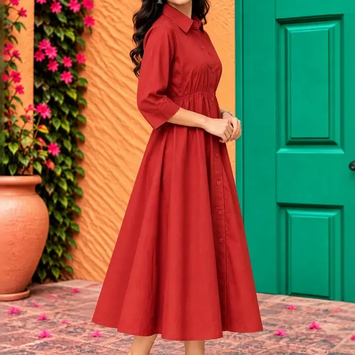 JEMCY CLOTHING Women Shirt Collar A-Line Midi Dress with Button Closure, Multi