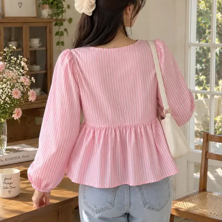 HIBIKI Striped Puff Sleeve Cotton Peplum Top, Pink