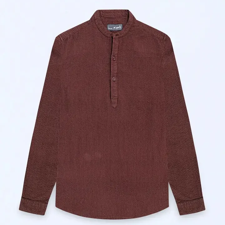 StitchX Men Seersucker Band Collar Pure Cotton Striped Kurta Shirt, Brown
