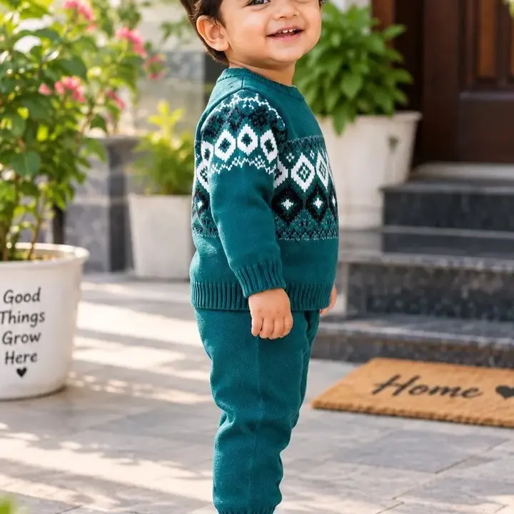 Evelly Unisex Kids Printed Woollen Pullover, Green