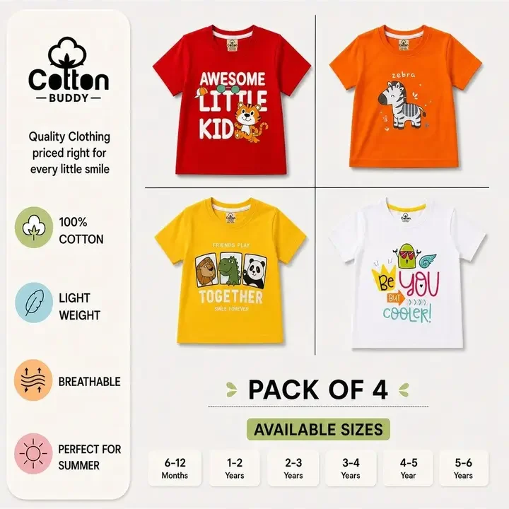 cotton buddy Kids 4 Printed Pure Cotton T-shirt, Multi
