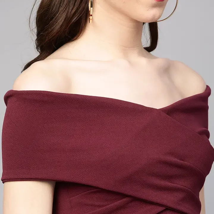 Athena Burgundy Off-Shoulder Pleated Fit & Flare Dress, Burgundy
